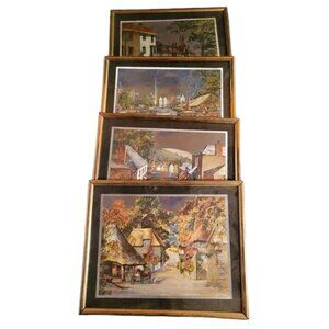 Vintage Oil Foil Paintings Set of 4 Signed "Bert Pugh"  Framed Street Scenes